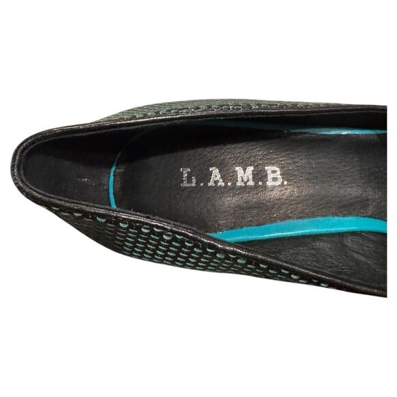 L.A.M.B. Bee Pump Perforated Mesh Leather Black Green Point Toe Slim Heel Sz 9 - Picture 10 of 13